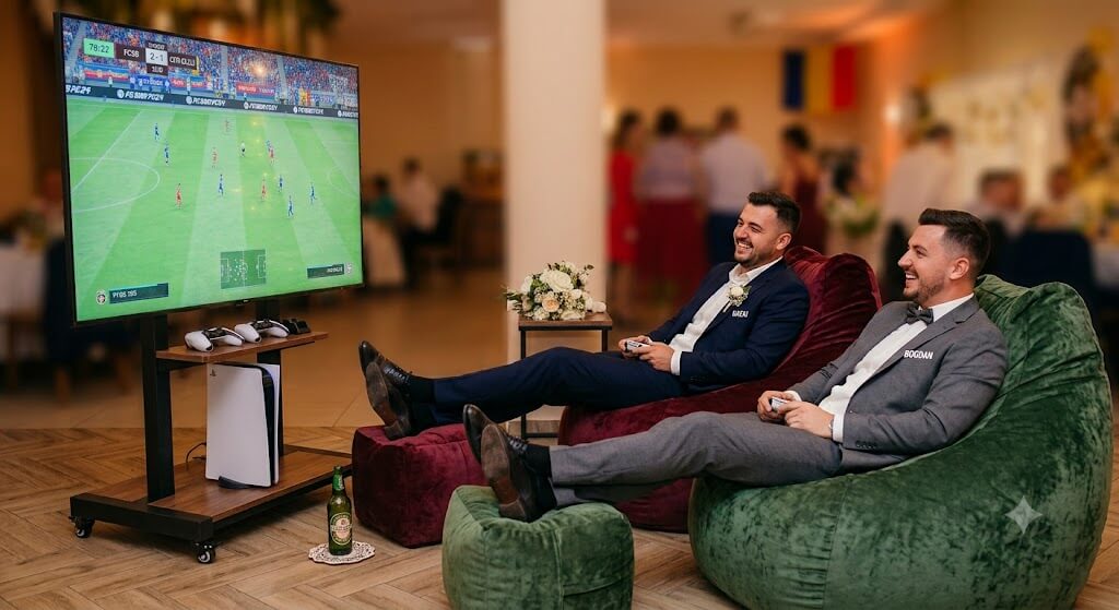 Invitați jucând FIFA pe PS5 cu ecran mare, în fotolii puf